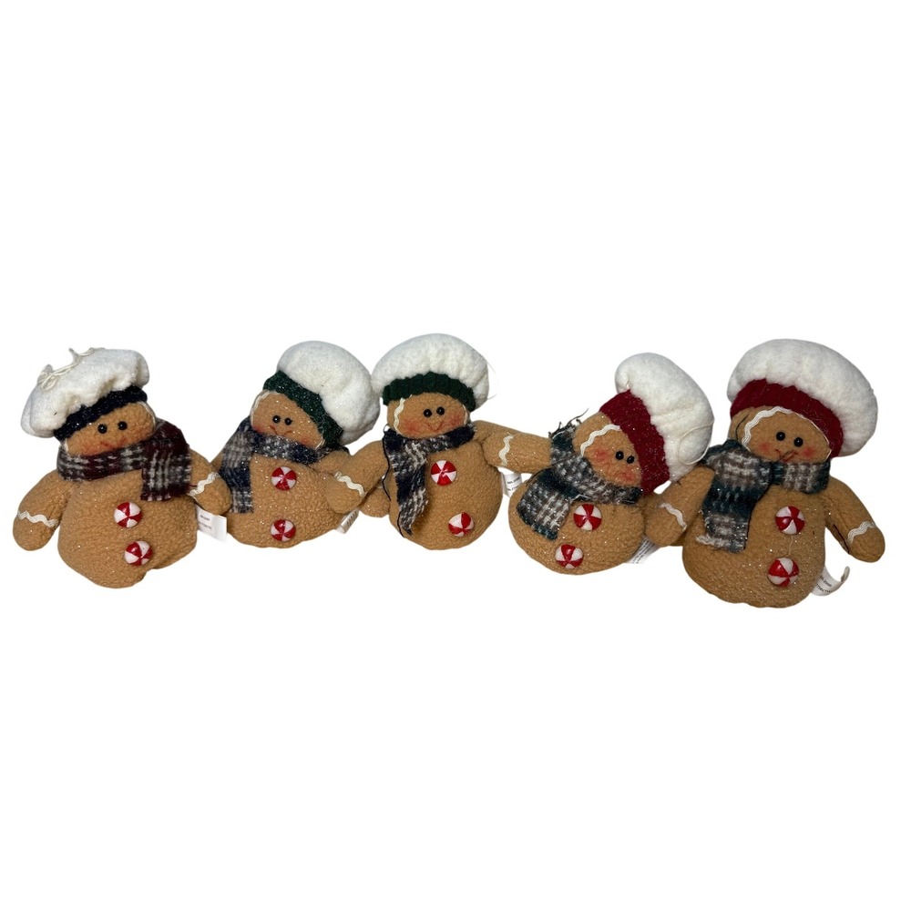 Gingerbread Man Plush Ornaments Christmas Holiday‎ Decor Peppermint Plaid Set 5